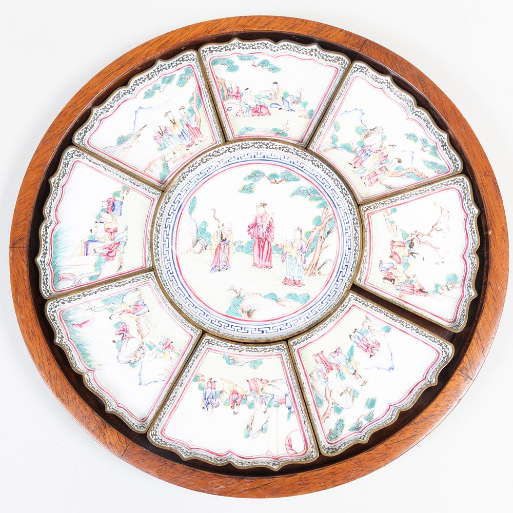 Appraisal: Canton Enamel Sweetmeat Dishes and Hardwood Tray The enamels decorated