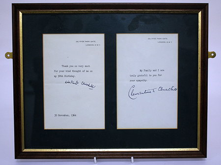 Appraisal: TWO MOUNTED THANK YOU LETTERS from Winston Churchill and Clementine