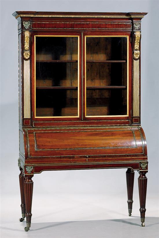 Appraisal: William IV inlaid mahogany bureau bookcase mid th century molded