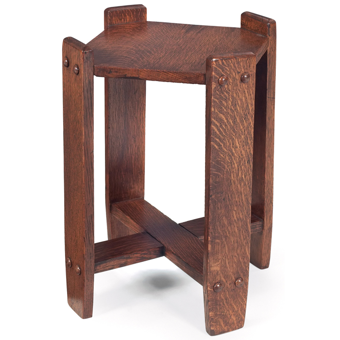 Appraisal: Arts and Crafts tabouret cut-corner top with raised peg construction