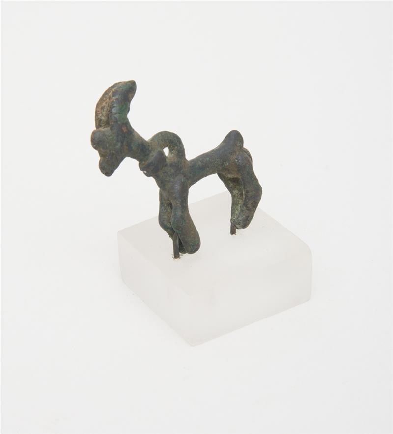 Appraisal: LURISTAN SMALL BRONZE STAG WITH HORNS Mounted on a lucite