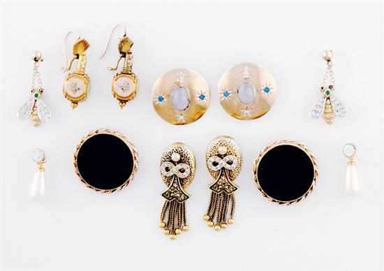 Appraisal: Collection of gold and gemstone earrings round rope engraved K