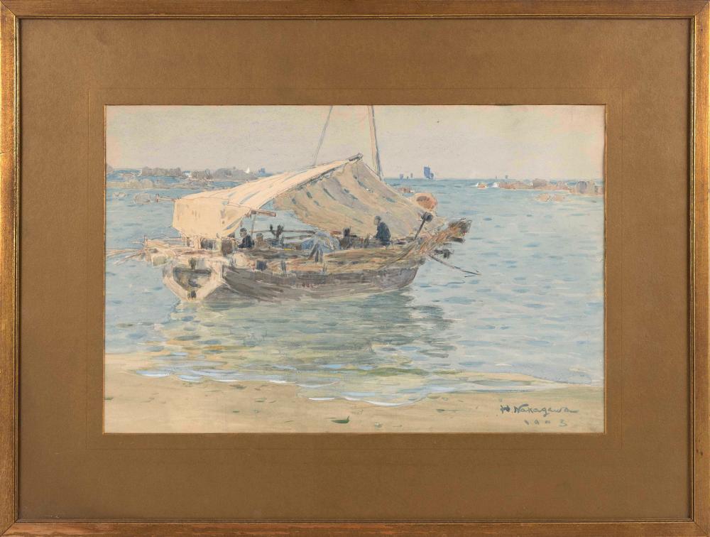 Appraisal: HACHIRO NAKAGAWA MASSACHUSETTS JAPAN - FIGURES IN A BOAT WATERCOLOR