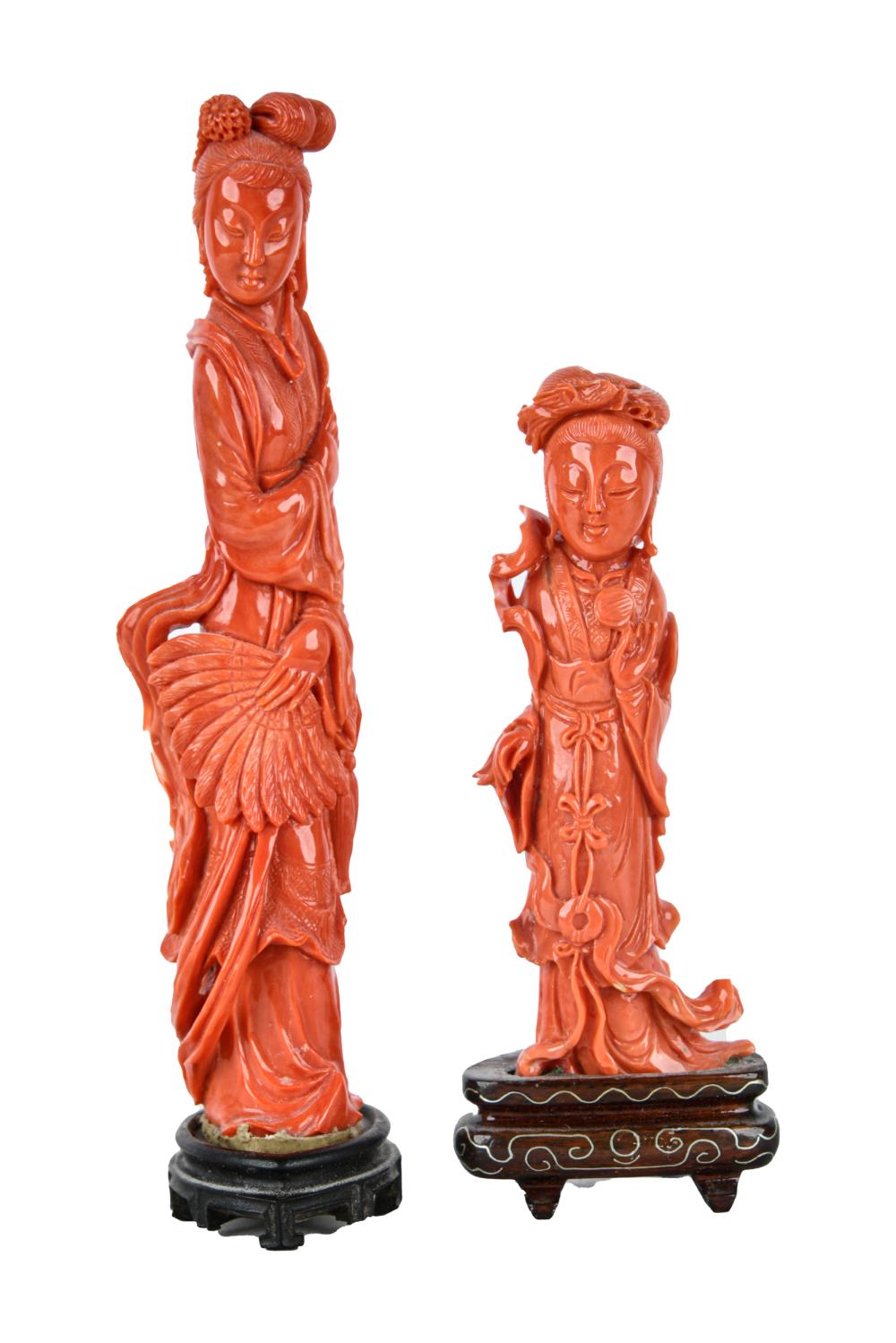 Appraisal: TWO CHINESE CARVED CORAL QUAN YINCondition The larger inches without