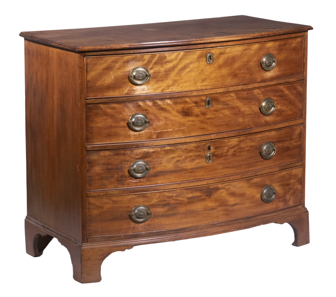 Appraisal: CHIPPENDALE BOWFRONT CHEST American Wavy Birch Chest of Drawers with