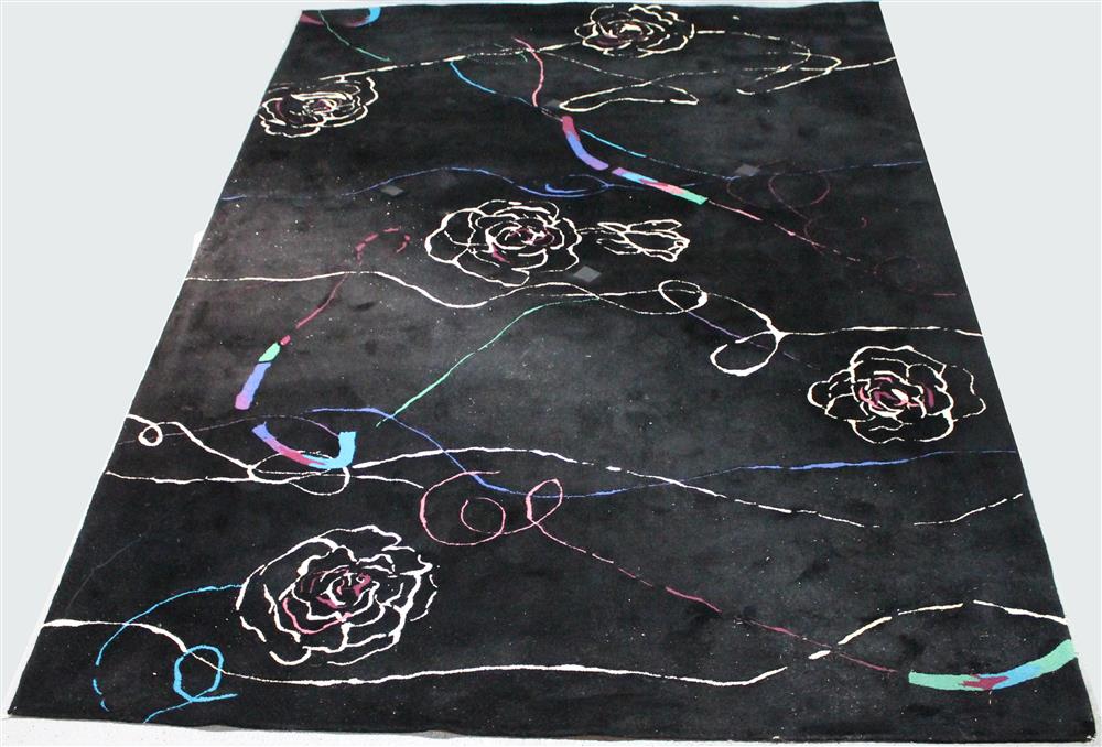 Appraisal: STARK BLACK RUG WITH FLORAL DESIGN