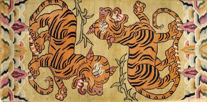 Appraisal: Tibetan Wool Tan-Ground Rug with Two Tigers ft in x