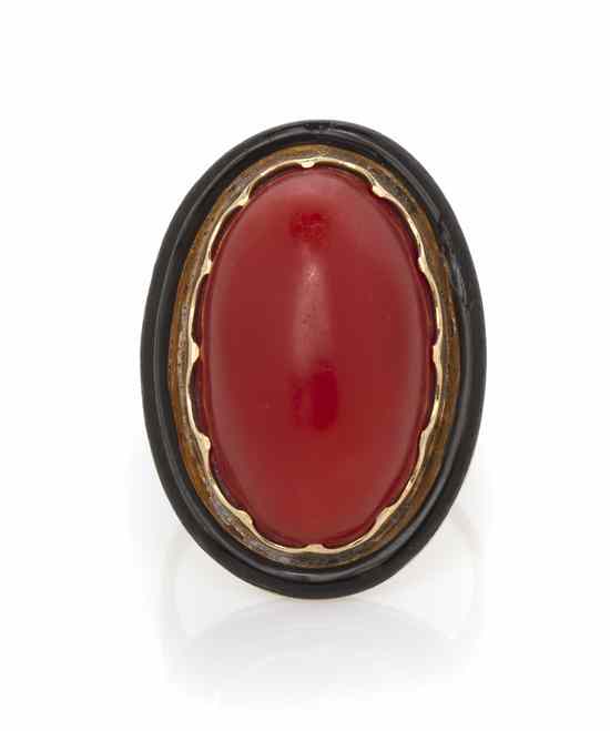 Appraisal: A Karat Yellow Gold Coral and Enamel Ring containing one