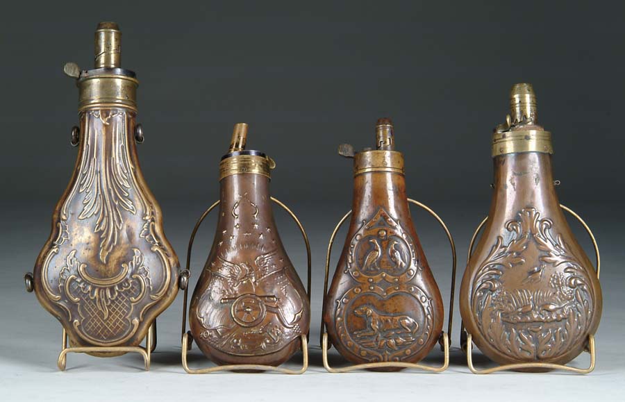 Appraisal: LOT OF FOUR POWDER FLASKS - flask with repoussed sides