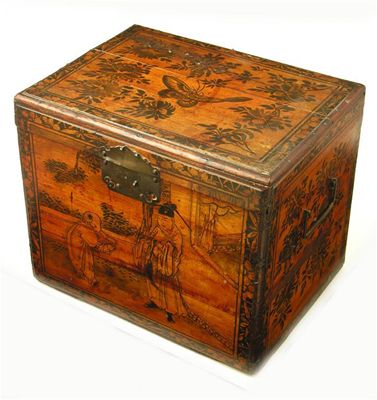 Appraisal: A th century Chinese painted tea chest the top decorated