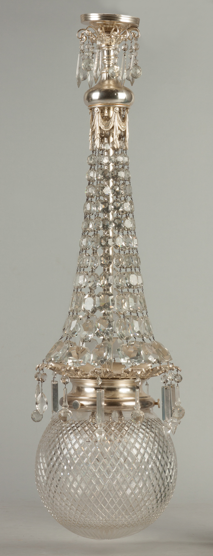 Appraisal: Cut Glass Prism Silver Plate Hanging Lamp Early th cent