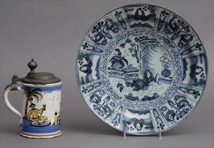 Appraisal: DELFTWARE BLUE AND WHITE BASIN AND A POLYCHROME FAIENCE TANKARD