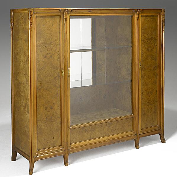 Appraisal: ART NOUVEAUCarved maple and burlwood china cabinet with glass shelvesUnmarked