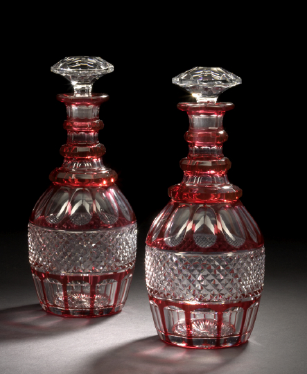 Appraisal: Pair of French Cranberry Cut-to-Clear Glass Decanters first quarter th