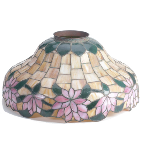 Appraisal: ART GLASS Leaded glass hanging lampshade with a border of