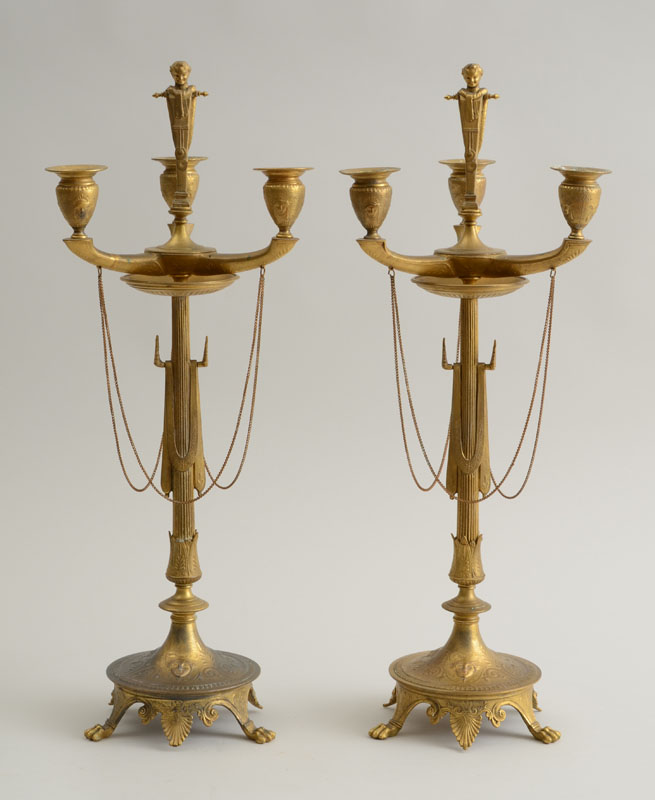 Appraisal: PAIR OF FRENCH NEO-GREC GILT-METAL THREE-LIGHT CANDELABRA Each reeded stem