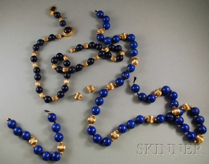 Appraisal: Two kt Gold and Lapis Bead Necklaces both with kt