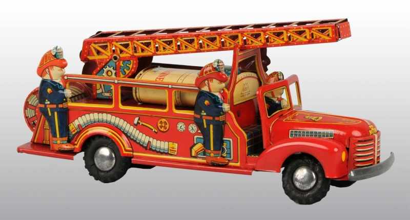 Appraisal: Tin Litho Fire Ladder Truck Friction Toy Description Japanese Working