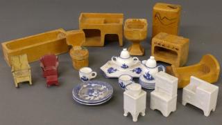 Appraisal: Miscellaneous grouping of miniature doll furniture wood and porcelain etc