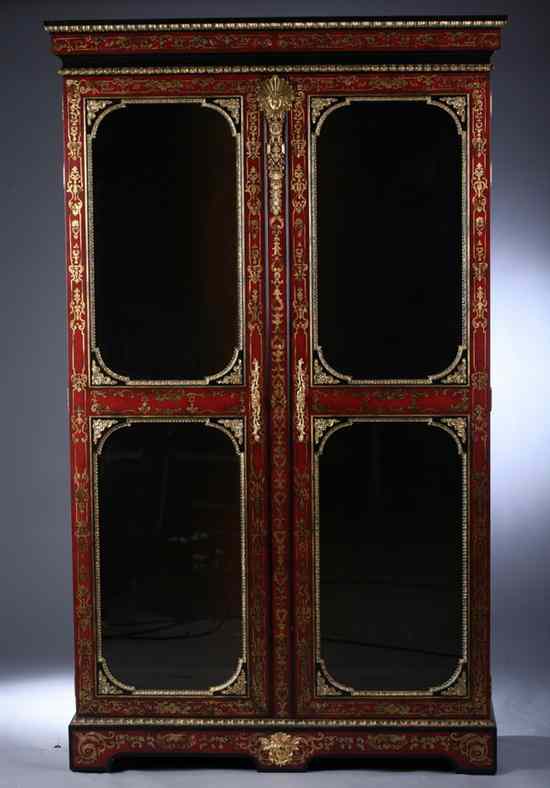 Appraisal: LOUIS XIV STYLE RED AND BLACK PAINTED AND GILT-STENCILED DISPLAY