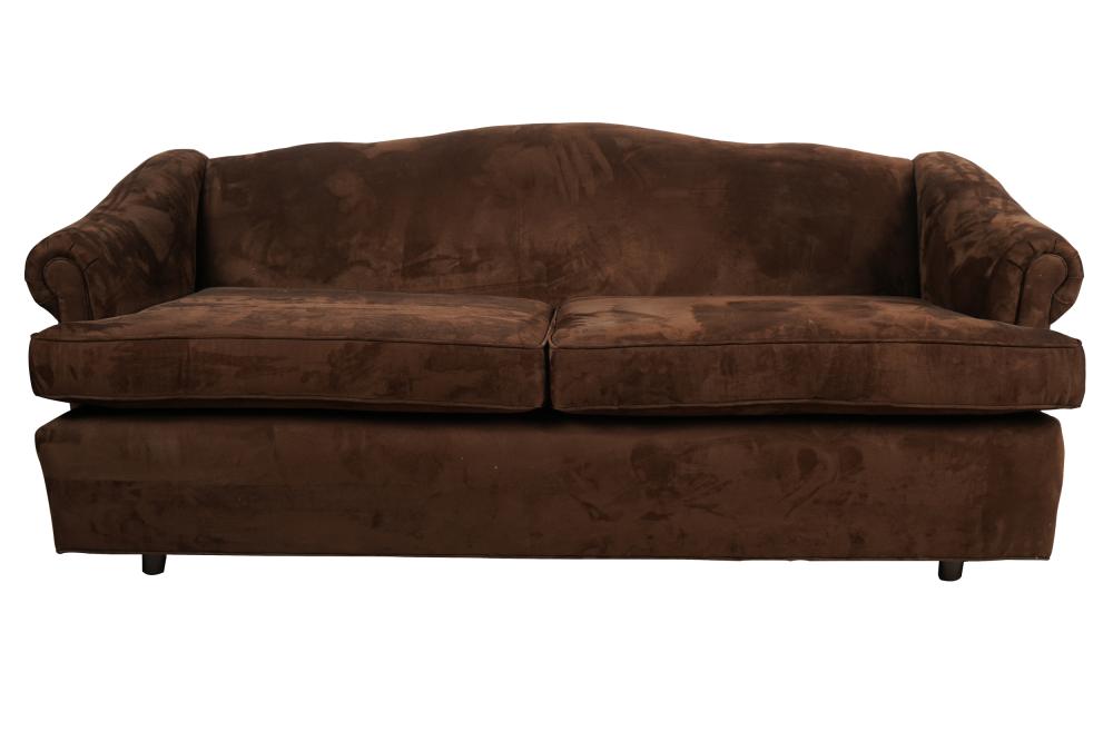 Appraisal: CONTEMPORARY SOFAcovered with brown velour fabric inches wide inches deep