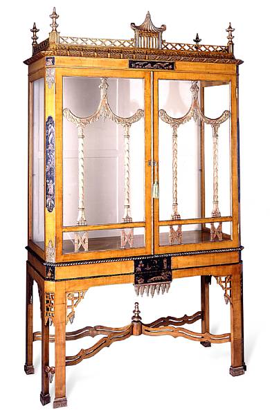 Appraisal: A George III style fruitwood and chinoiserie vitrine cabinet Surmounted