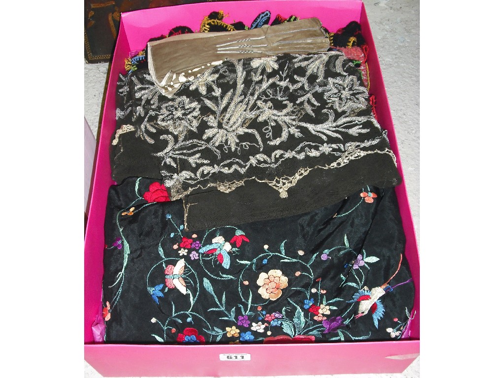 Appraisal: Selection of silk velvet embroidered scarves also a large black