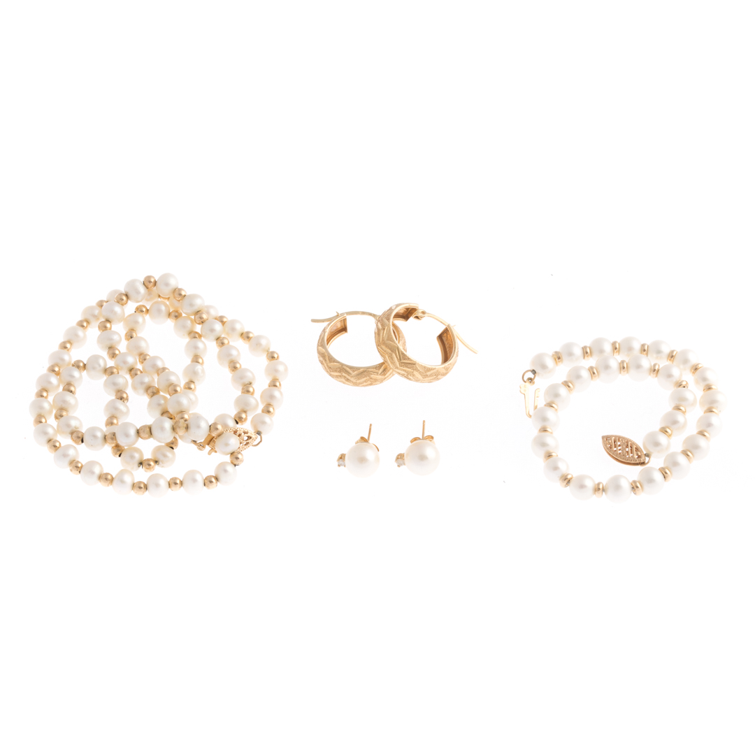 Appraisal: A Pearl Suite and Hoop Earrings in K Gold K