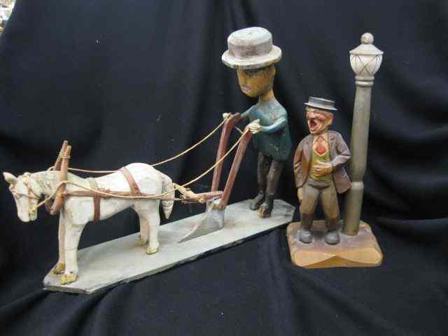 Appraisal: Wood Carvings Folk Art Farmerwith plow horse '' x ''