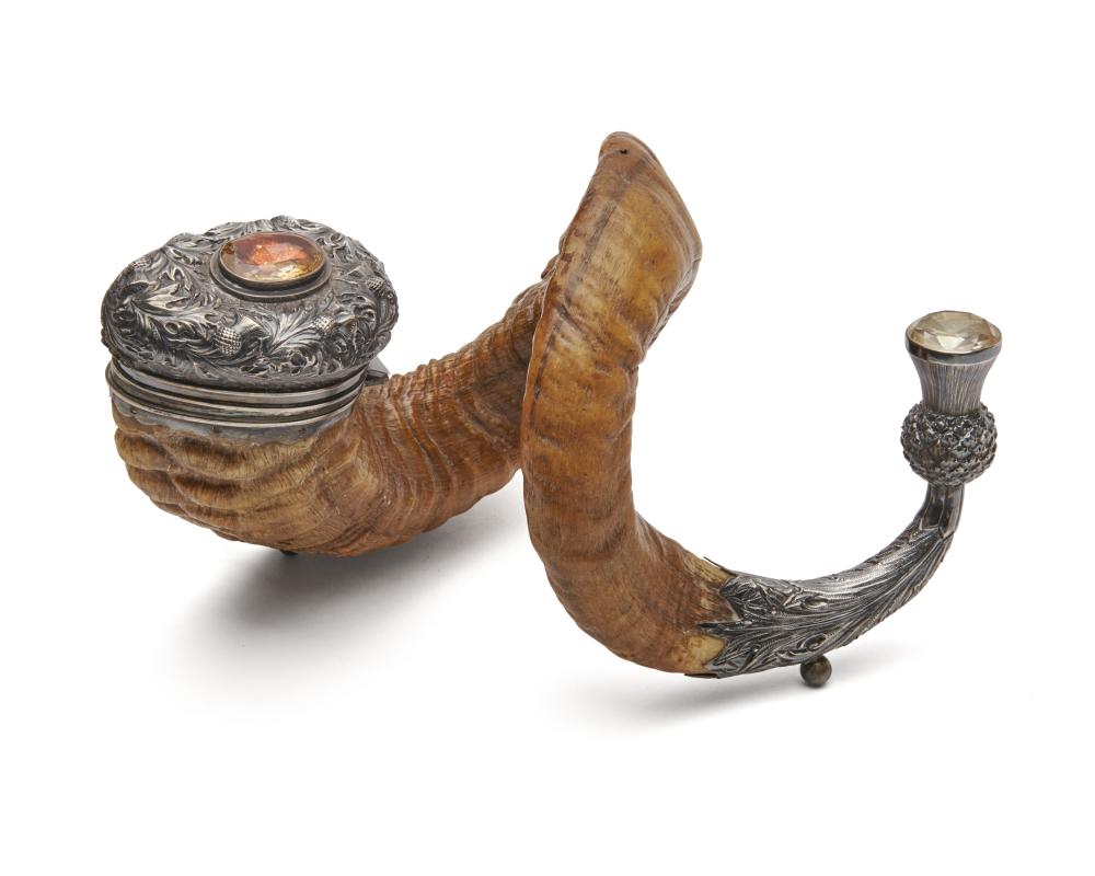 Appraisal: Scottish Mull th century coiled horn with silver and faceted