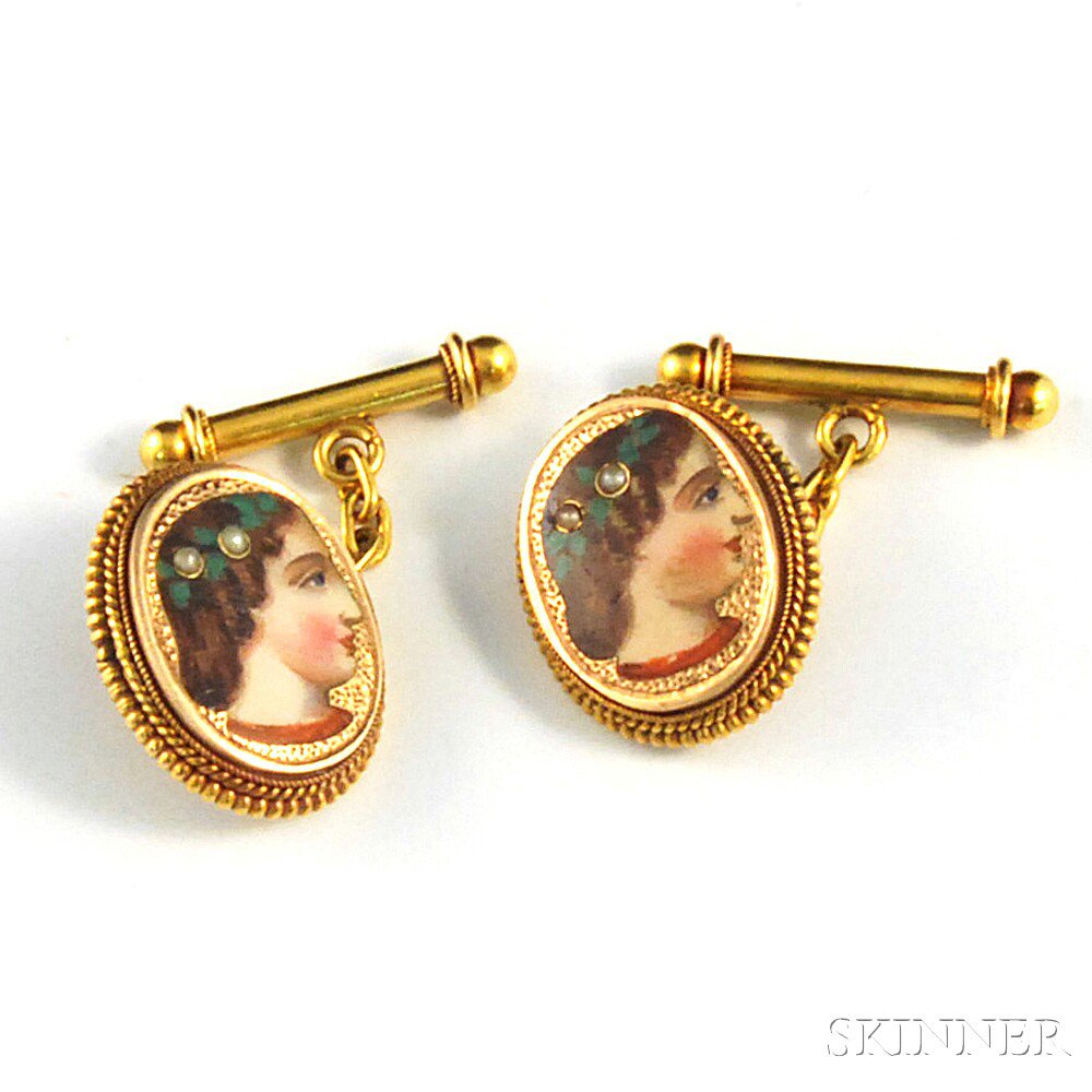 Appraisal: Pair of kt Gold Enamel and Seed Pearl Portrait Cuff