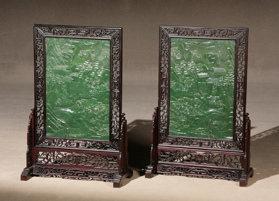 Appraisal: Pair of Large Chinese Nephrite Jade Screens in Hardwood Stands