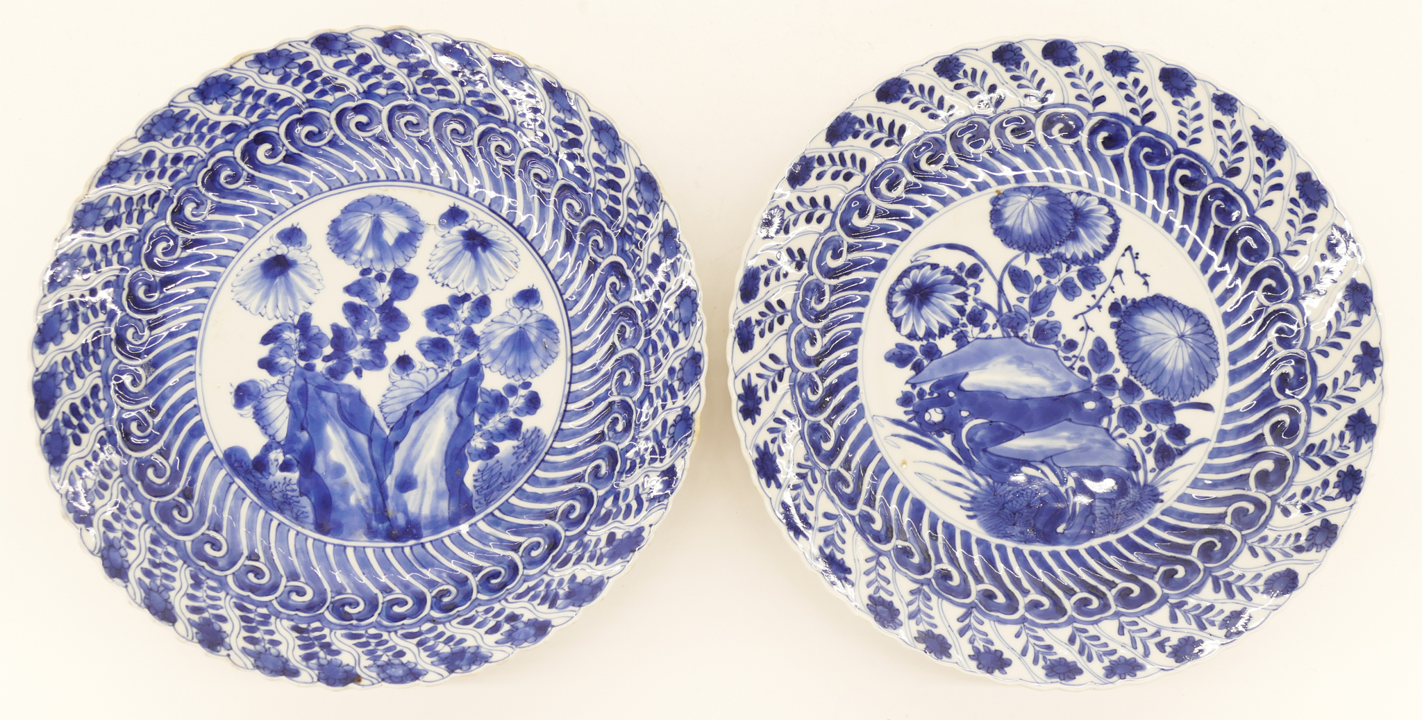 Appraisal: Pair Chinese Kangxi Floral Blue White Porcelain Plates ''x ''