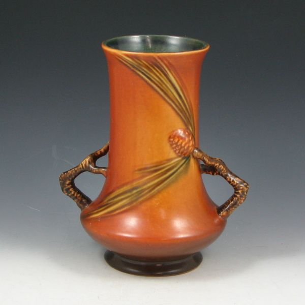 Appraisal: Roseville Pine Cone double handled vase in brown Marked Roseville