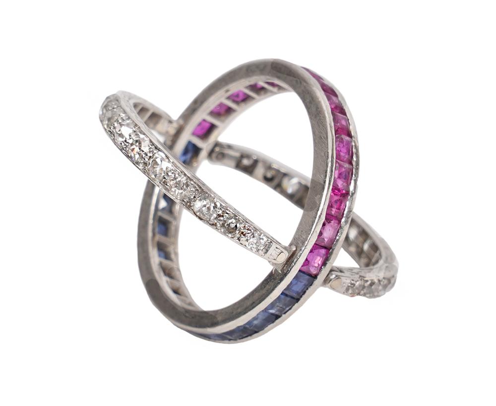 Appraisal: PLATINUM DIAMOND SAPPHIRE RUBY FLIP TOP RINGArt Deco Flip Top