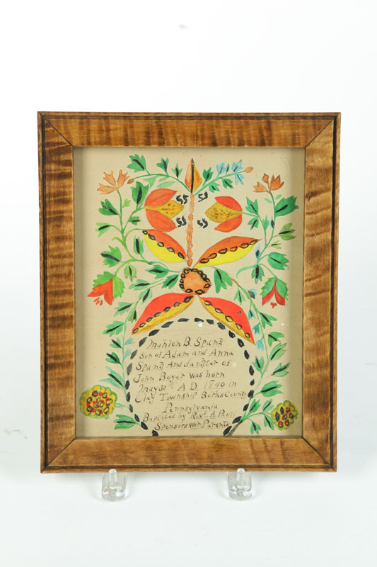 Appraisal: FRAKTUR Watercolor on paper Hand painted with inked text recording