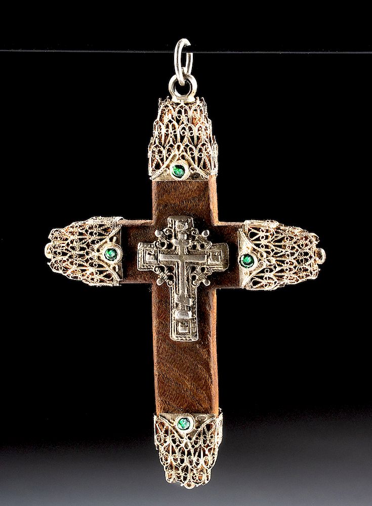 Appraisal: th C Russia Wood Cross w Silver Tsavorite Garnets Eastern