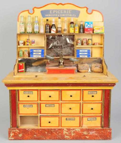 Appraisal: Large Wooden Grocery Display Unit French Pre-war Headpiece reads Epicerie