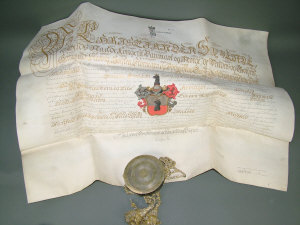 Appraisal: Danish Grant of Arms - vellum illuminated in gold hand