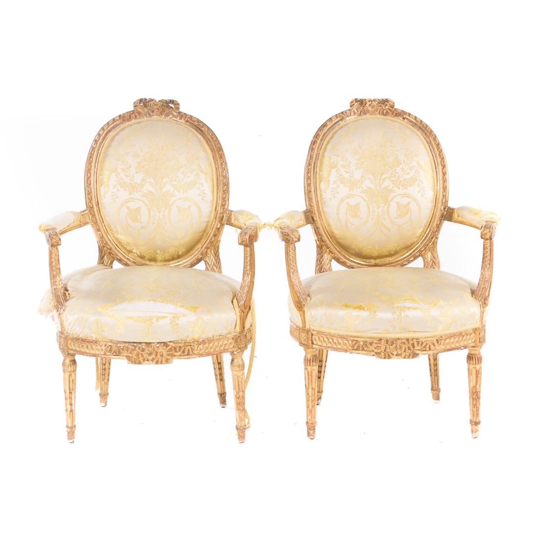 Appraisal: Pair Louis XVI carved giltwood fauteuils circa exposed carved frames