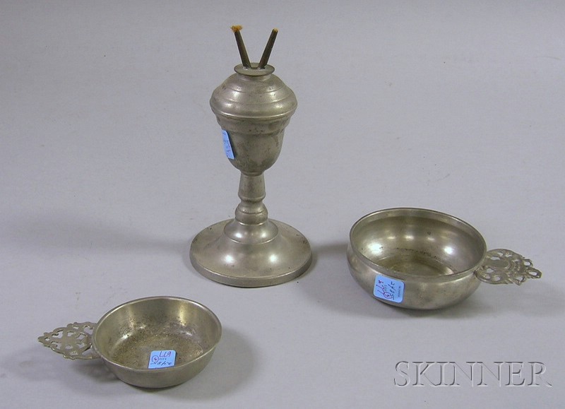 Appraisal: Two Pewter Porringers and a Peg Lamp unmarked