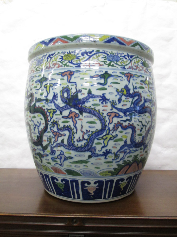 Appraisal: LARGE CHINESE DOUCAI PORCELAIN FLOOR JAR a round barrel-form vessel