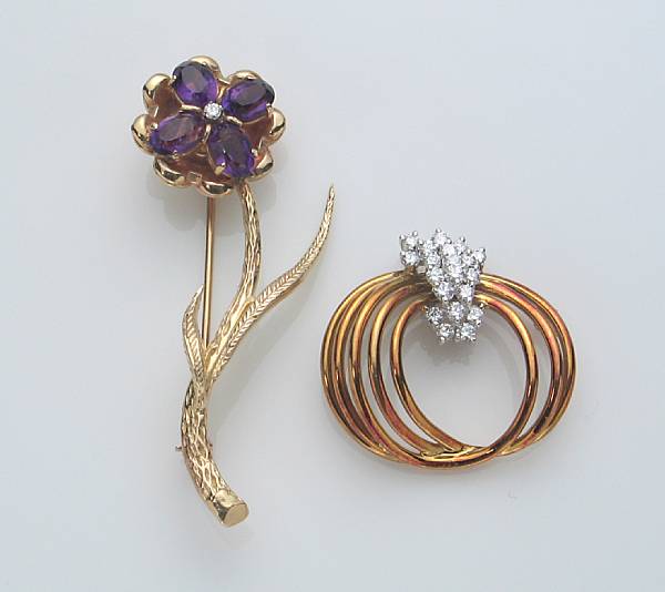 Appraisal: A diamond and k gold brooch together with an amethyst