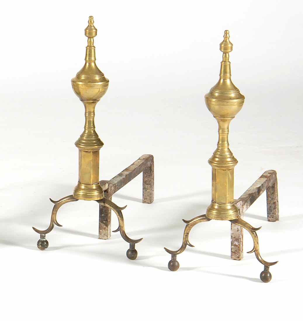 Appraisal: PAIR OF ANTIQUE FEDERAL BRASS ANDIRONS Late th Early th