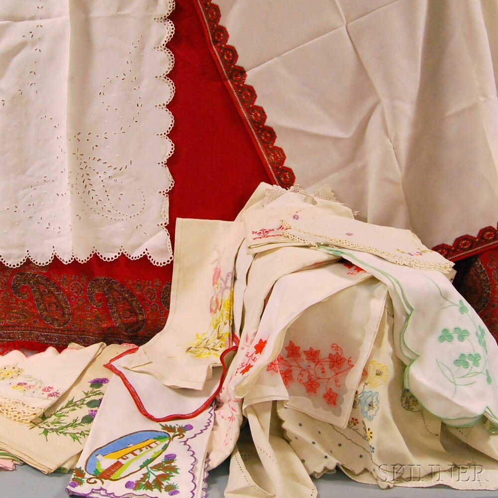 Appraisal: Group of Assorted Textiles including a red paisley shawl a