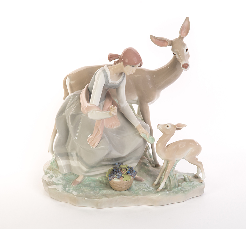 Appraisal: LARGE LLADRO FIGURAL GROUP OF WOMAN FEEDING FAWN Spain nd