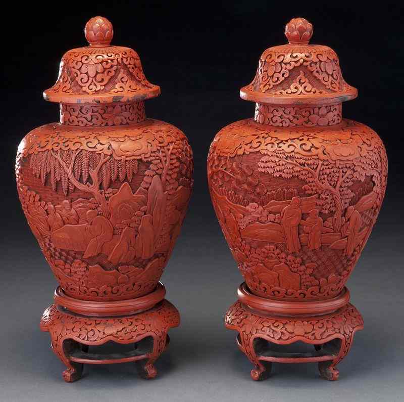 Appraisal: Pr Chinese Qing cinnabar ginger jars with standsdepicting scholars in