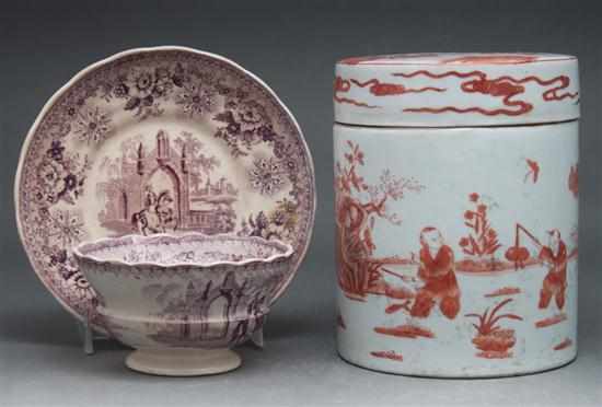 Appraisal: Chinese Export sepia decorated porcelain cylindrical-form box and an English