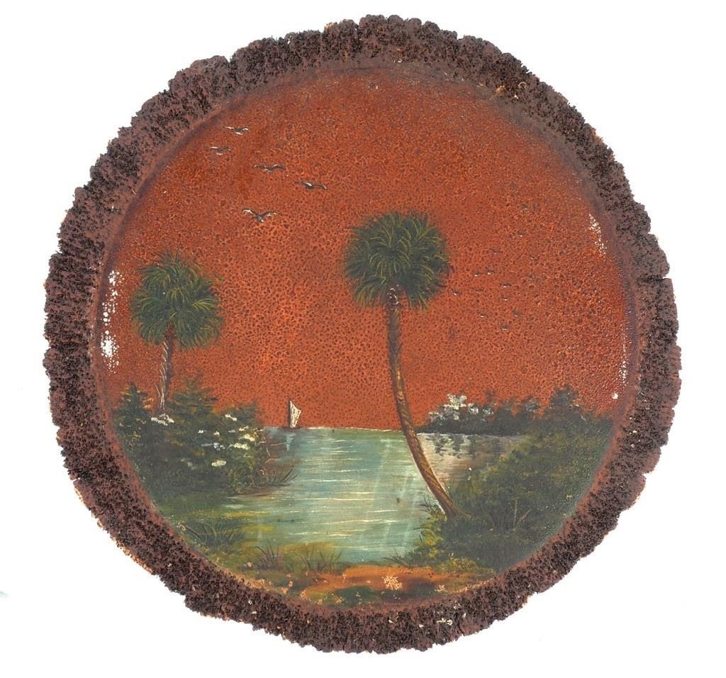 Appraisal: Old folk art landscape handpainted on cross section of palm