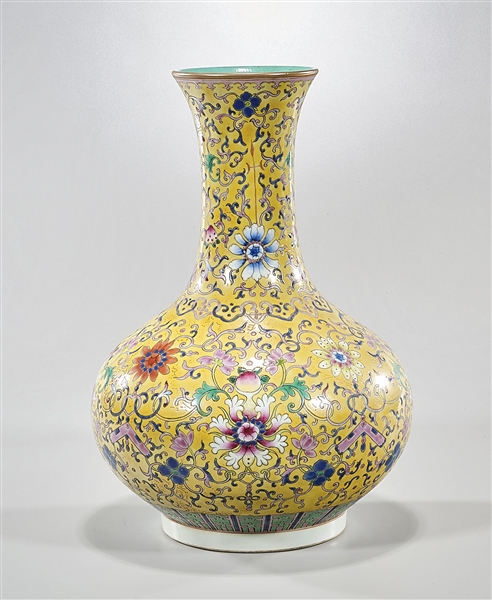 Appraisal: Chinese enameled porcelain globular vase yellow ground famille rose flower